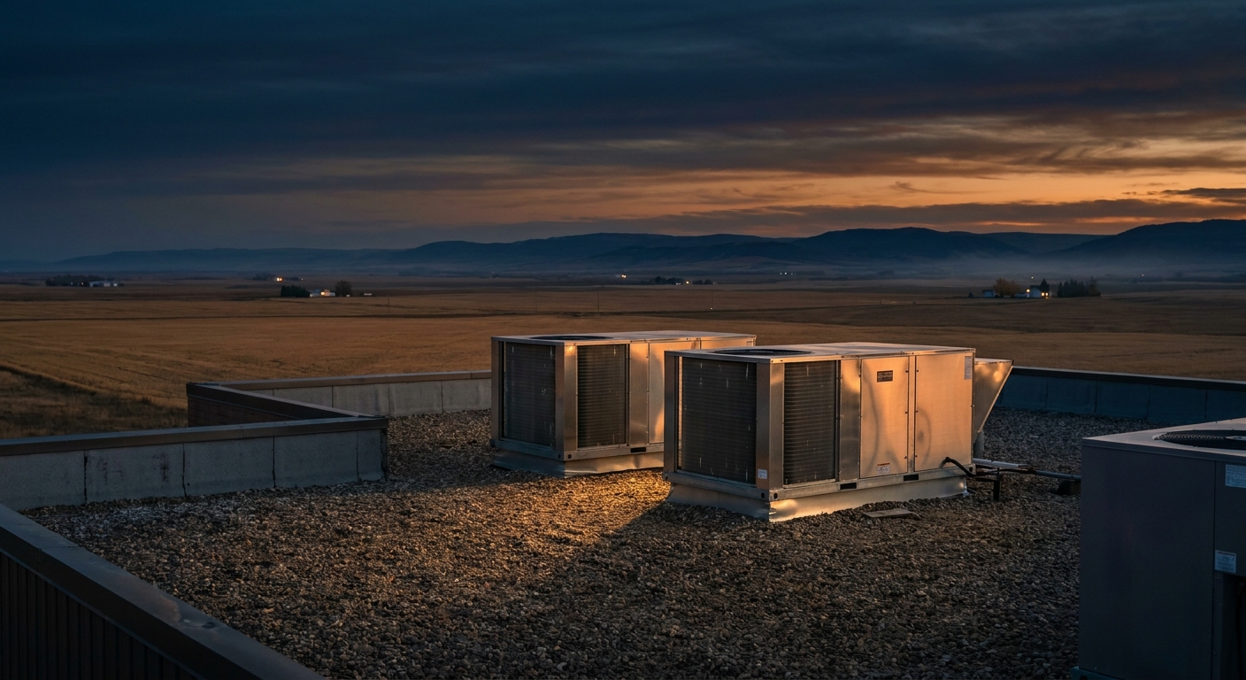Commercial rooftop units at dusk in rural Alberta